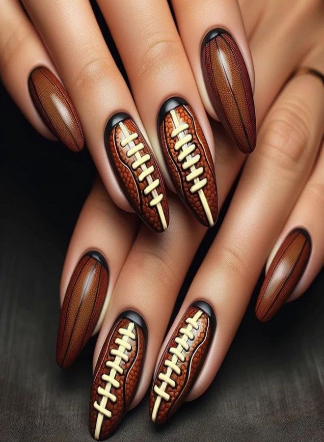 Sevgob Baseball Press on Nails Medium Almond Fake Nails Brown False Nails with Rugby Design Glossy Fall Nails Coffee Summer Nails Reusable Acrylic Nails Press on for Women Girls Manicure 24pcs - Image 1